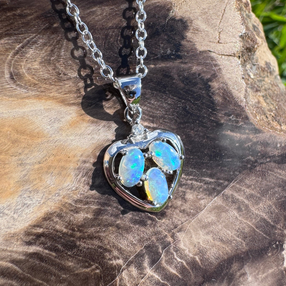 0.5ct Coober Pedy Crystal Opal & Diamond Heart Pendant Necklace ~ 'Wineglass Bay Heart' | 14ct White Gold | Solid Australian Opal