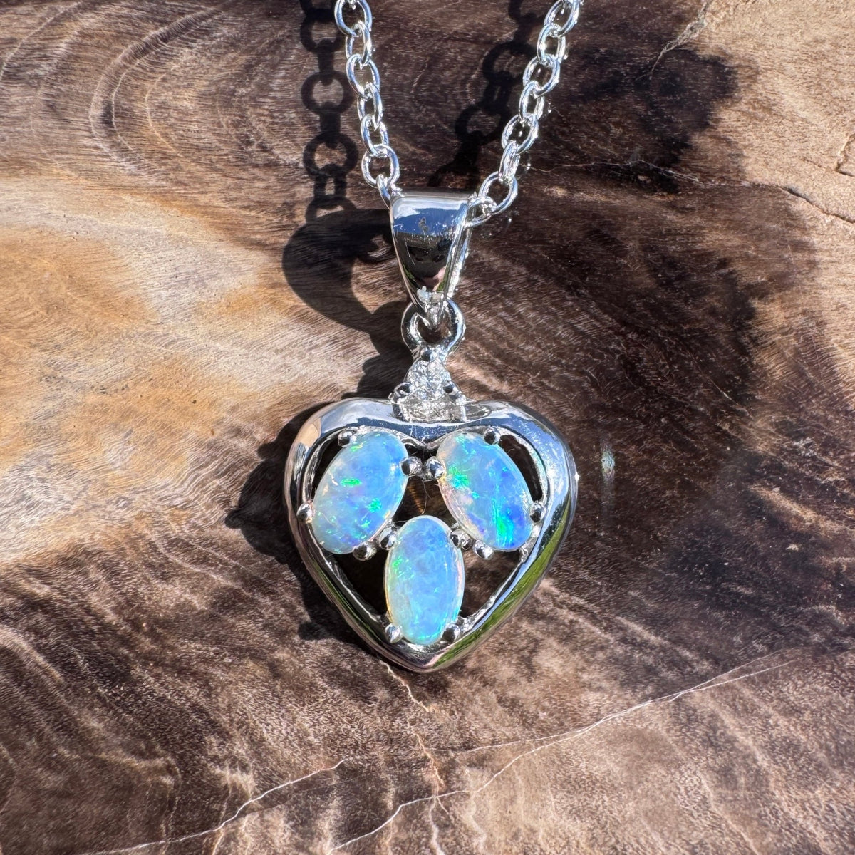 0.5ct Coober Pedy Crystal Opal & Diamond Heart Pendant Necklace ~ 'Wineglass Bay Heart' | 14ct White Gold | Solid Australian Opal