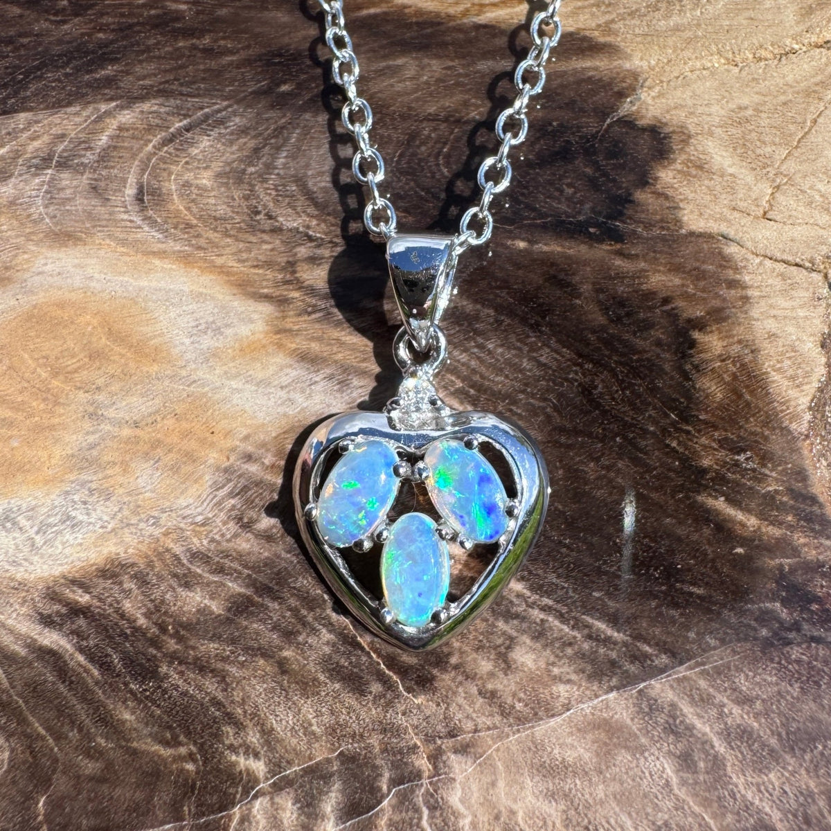 0.5ct Coober Pedy Crystal Opal & Diamond Heart Pendant Necklace ~ 'Wineglass Bay Heart' | 14ct White Gold | Solid Australian Opal