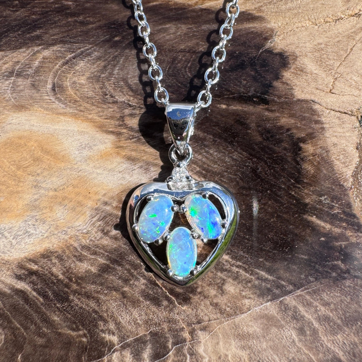0.5ct Coober Pedy Crystal Opal & Diamond Heart Pendant Necklace ~ 'Wineglass Bay Heart' | 14ct White Gold | Solid Australian Opal