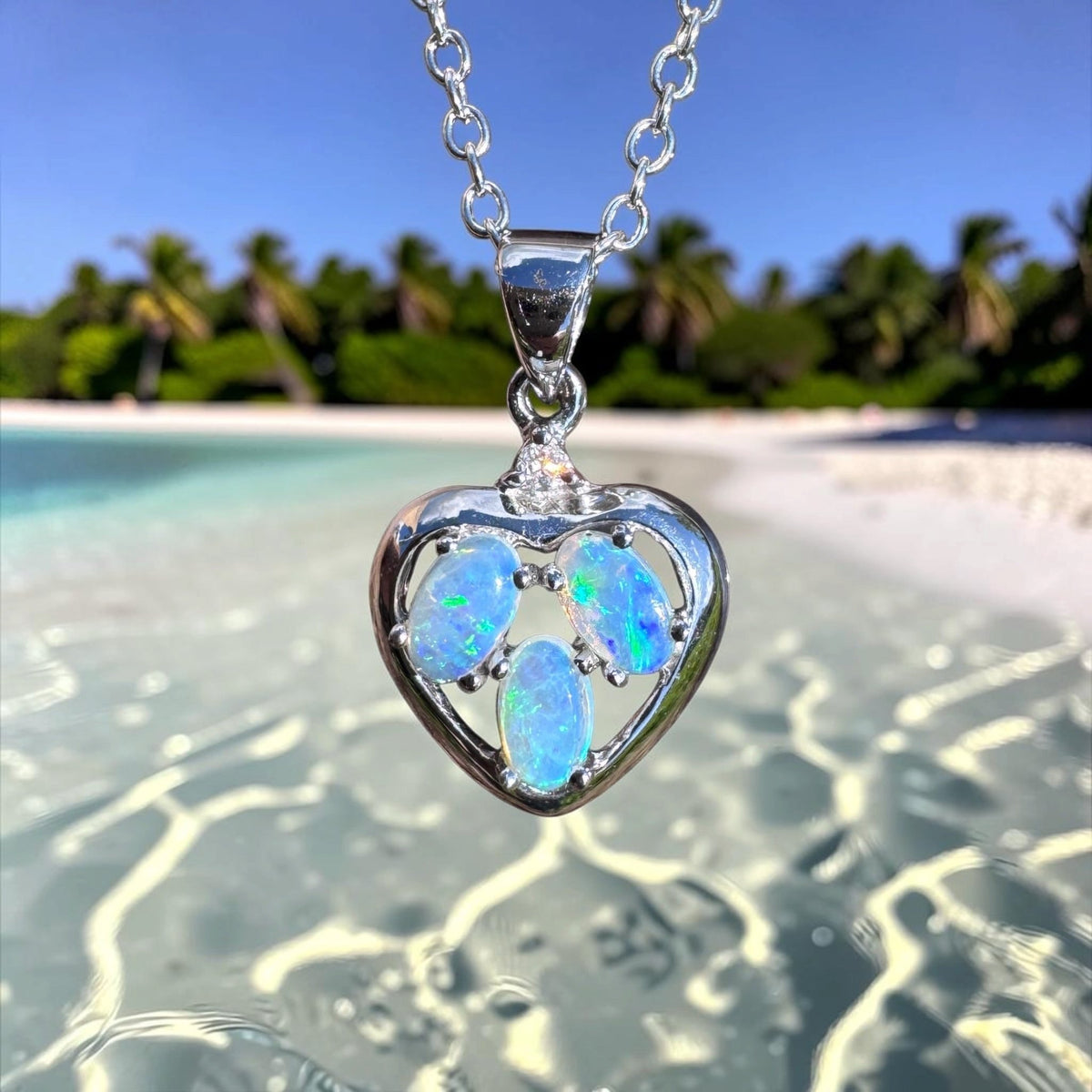 0.5ct Coober Pedy Crystal Opal & Diamond Heart Pendant Necklace ~ 'Wineglass Bay Heart' | 14ct White Gold | Solid Australian Opal