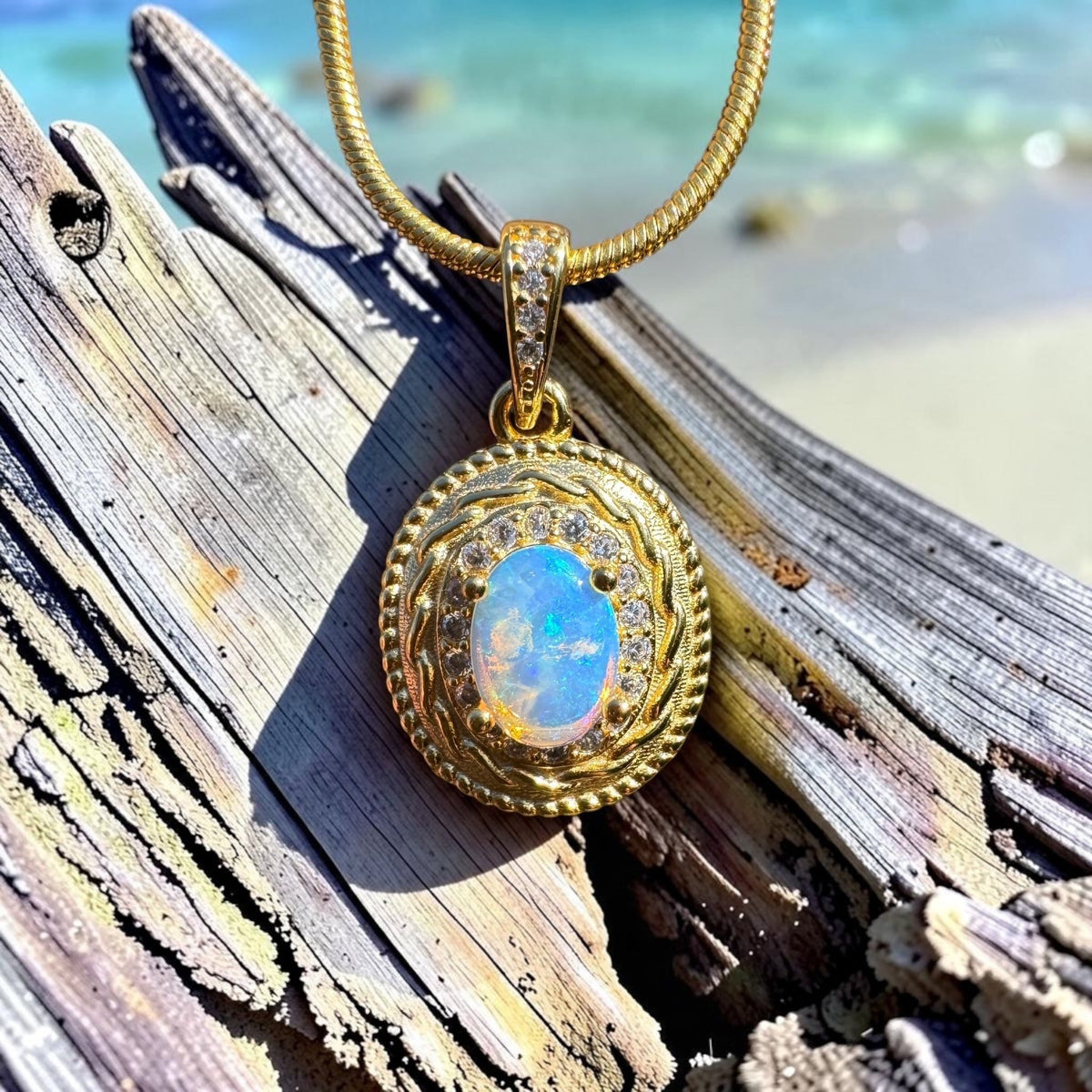 0.5ct Coober Pedy Opal & Cubic Zirconia Pendant Necklace ~ 'Charters Towers Gold' | Yellow Gold Coated 925 Sterling Silver | Solid Australian Opal