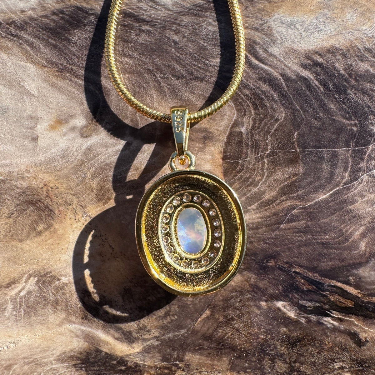 0.5ct Coober Pedy Opal & Cubic Zirconia Pendant Necklace ~ 'Charters Towers Gold' | Yellow Gold Coated 925 Sterling Silver | Solid Australian Opal