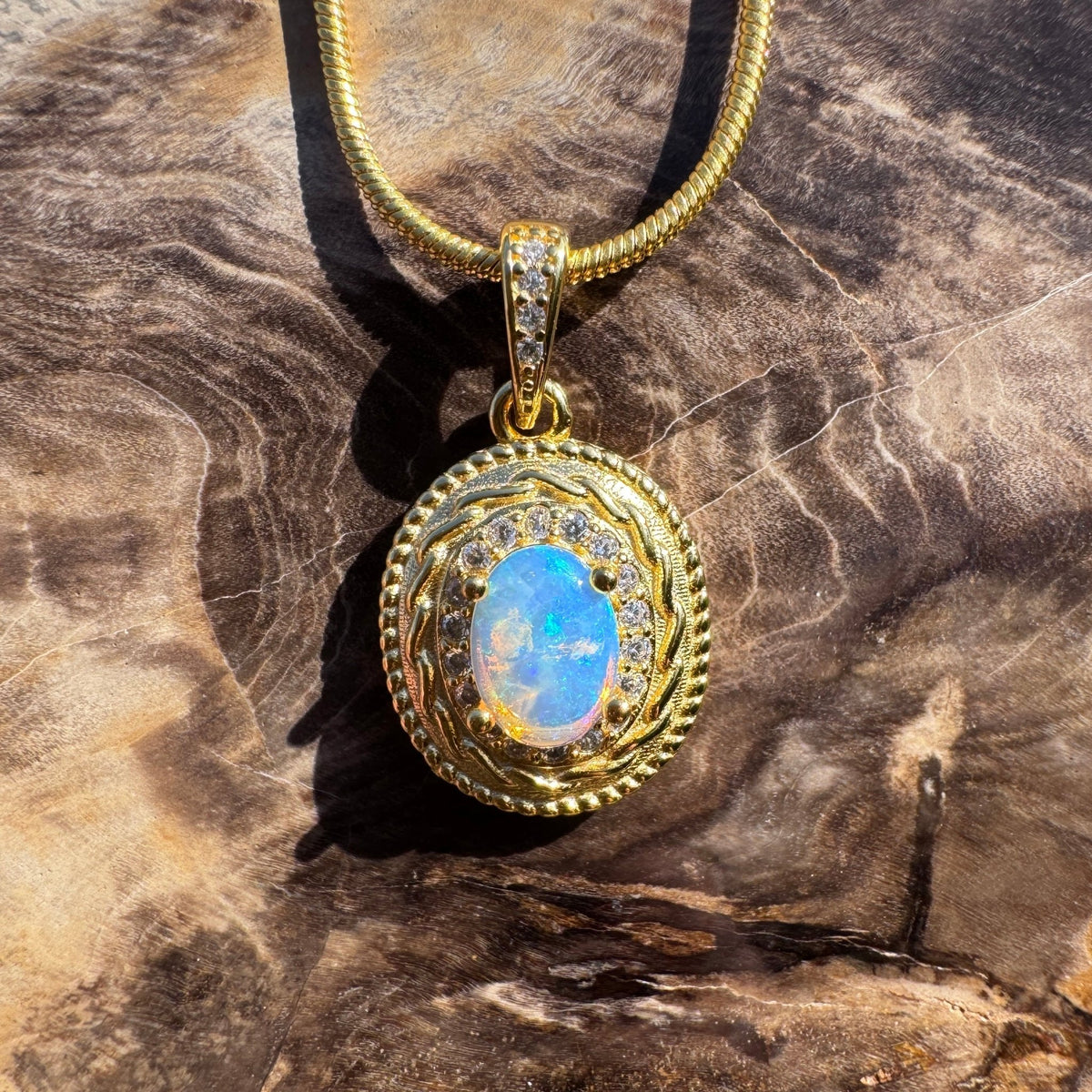 0.5ct Coober Pedy Opal & Cubic Zirconia Pendant Necklace ~ 'Charters Towers Gold' | Yellow Gold Coated 925 Sterling Silver | Solid Australian Opal