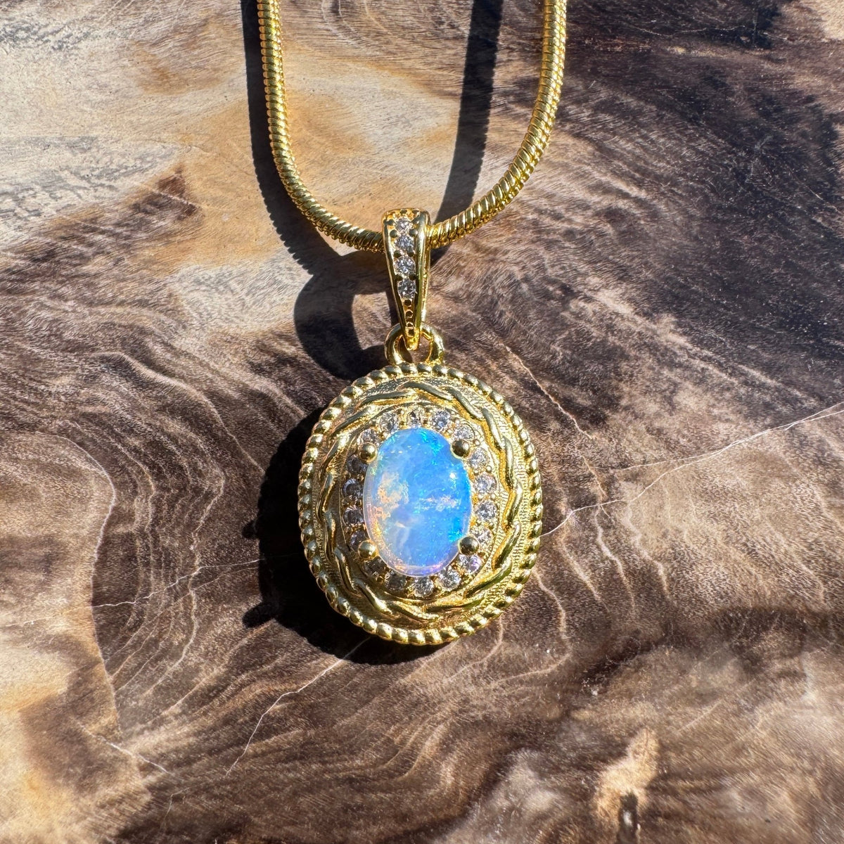 0.5ct Coober Pedy Opal & Cubic Zirconia Pendant Necklace ~ 'Charters Towers Gold' | Yellow Gold Coated 925 Sterling Silver | Solid Australian Opal