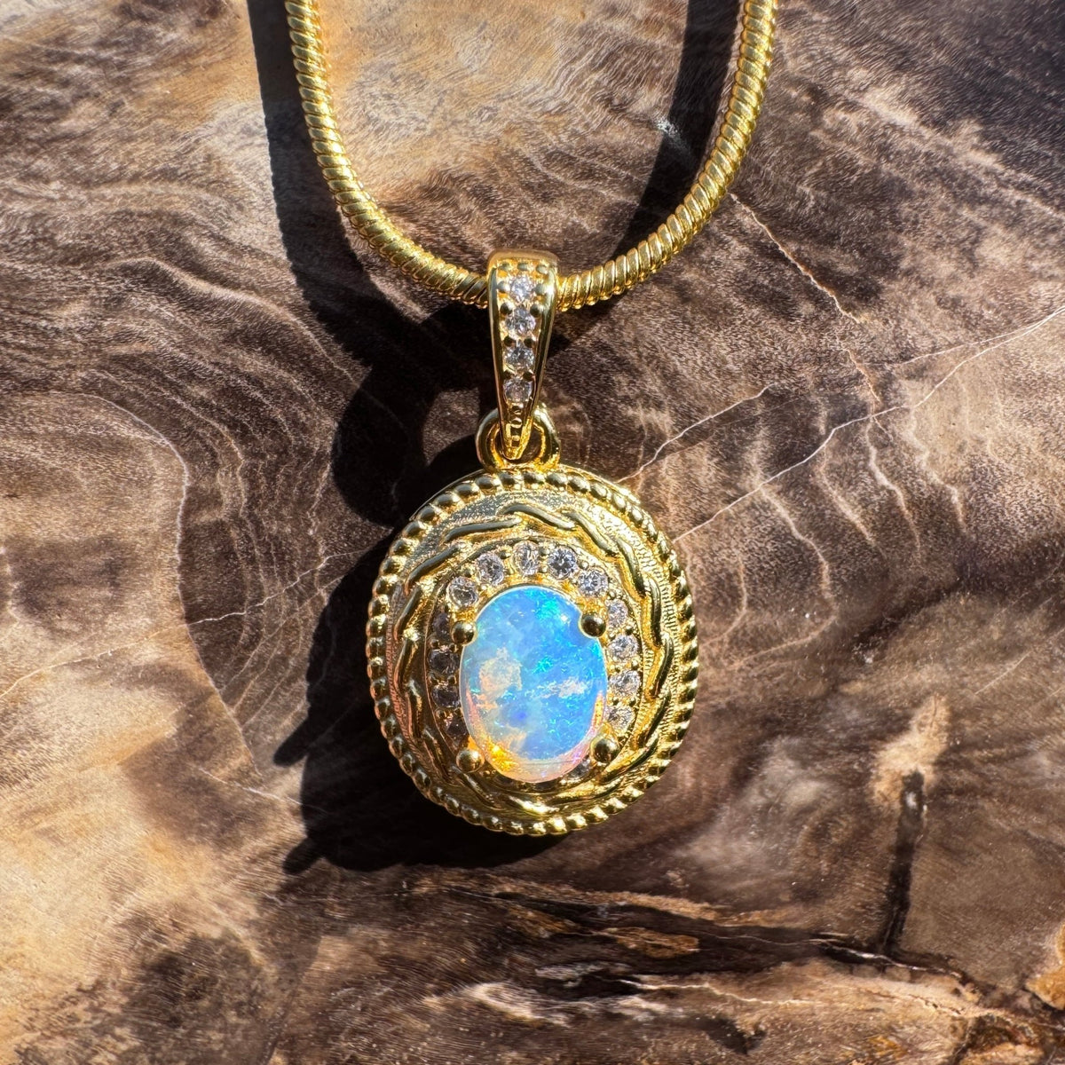 0.5ct Coober Pedy Opal & Cubic Zirconia Pendant Necklace ~ 'Charters Towers Gold' | Yellow Gold Coated 925 Sterling Silver | Solid Australian Opal