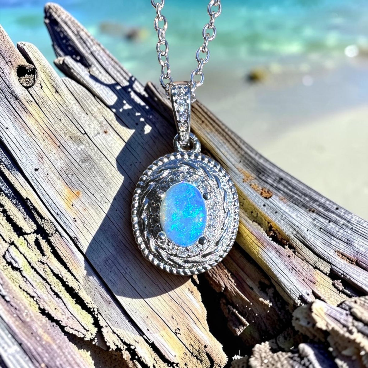 0.5ct Coober Pedy Opal & Cubic Zirconia Pendant Necklace ~ 'Yalgorup Blue' | 925 Sterling Silver | Solid Australian Opal
