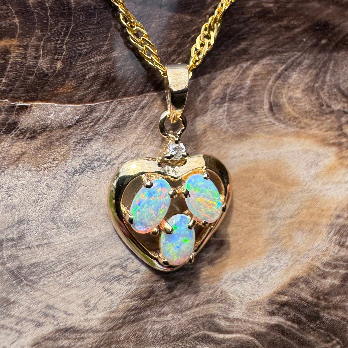 0.5ct Coober Pedy Opal & Diamond Heart Pendant Necklace ~ 'Hanging Rock Heart' | 14ct Yellow Gold | Solid Australian Opal