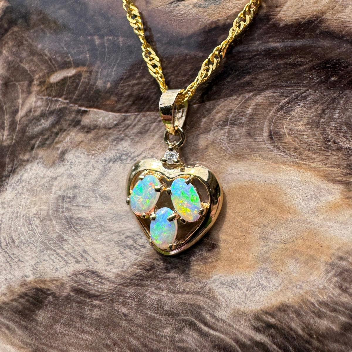 0.5ct Coober Pedy Opal & Diamond Heart Pendant Necklace ~ 'Hanging Rock Heart' | 14ct Yellow Gold | Solid Australian Opal
