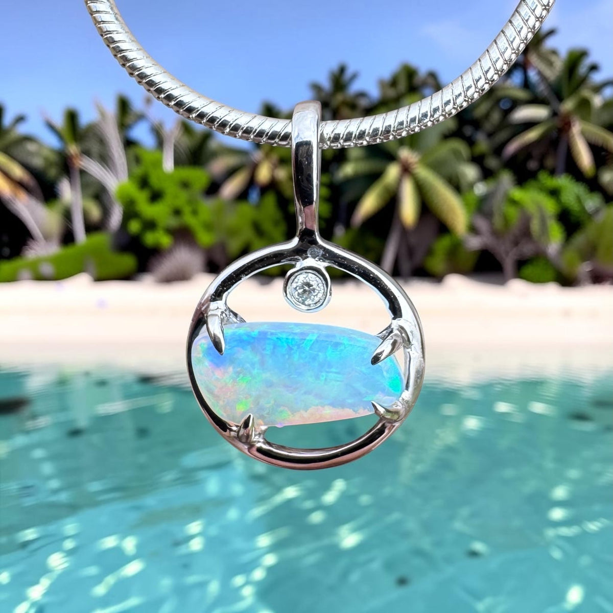 0.5ct Lightning Ridge Crystal Opal & Diamond Pendant Necklace ~ 'Jervis Bay Shimmer' | 14ct White Gold | Solid Australian Opal