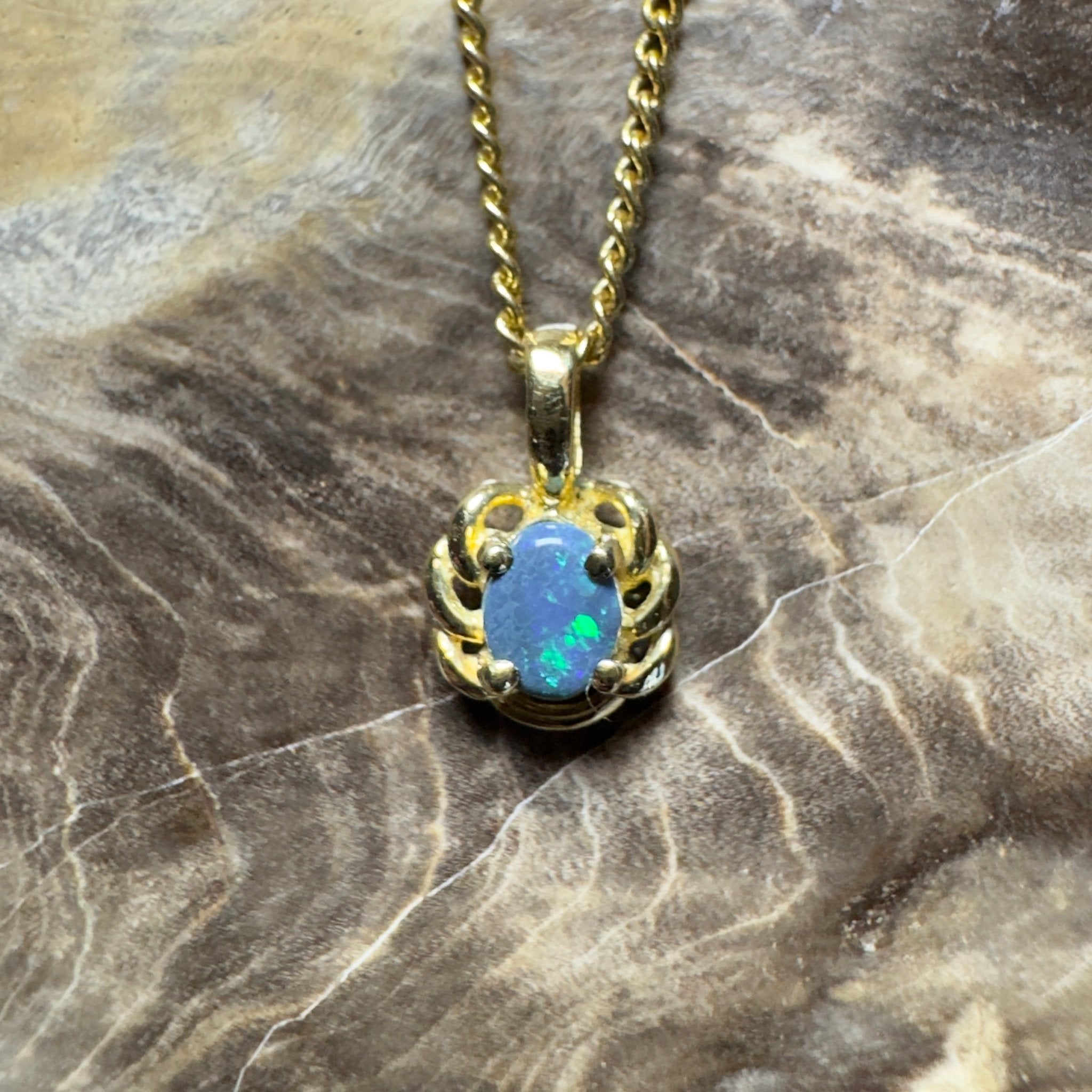 0.5ct Lightning Ridge Opal Pendant Necklace ~ 'Blue North Glimmer' | 18ct Yellow Gold | Solid Australian Opal