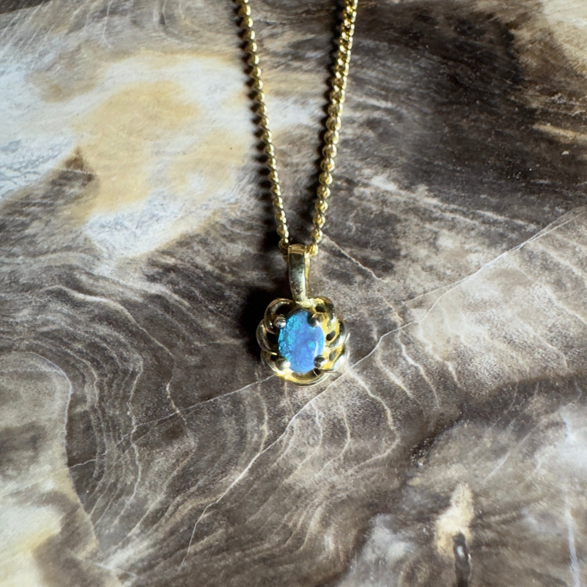 0.5ct Lightning Ridge Opal Pendant Necklace ~ 'Blue North Glimmer' | 18ct Yellow Gold | Solid Australian Opal