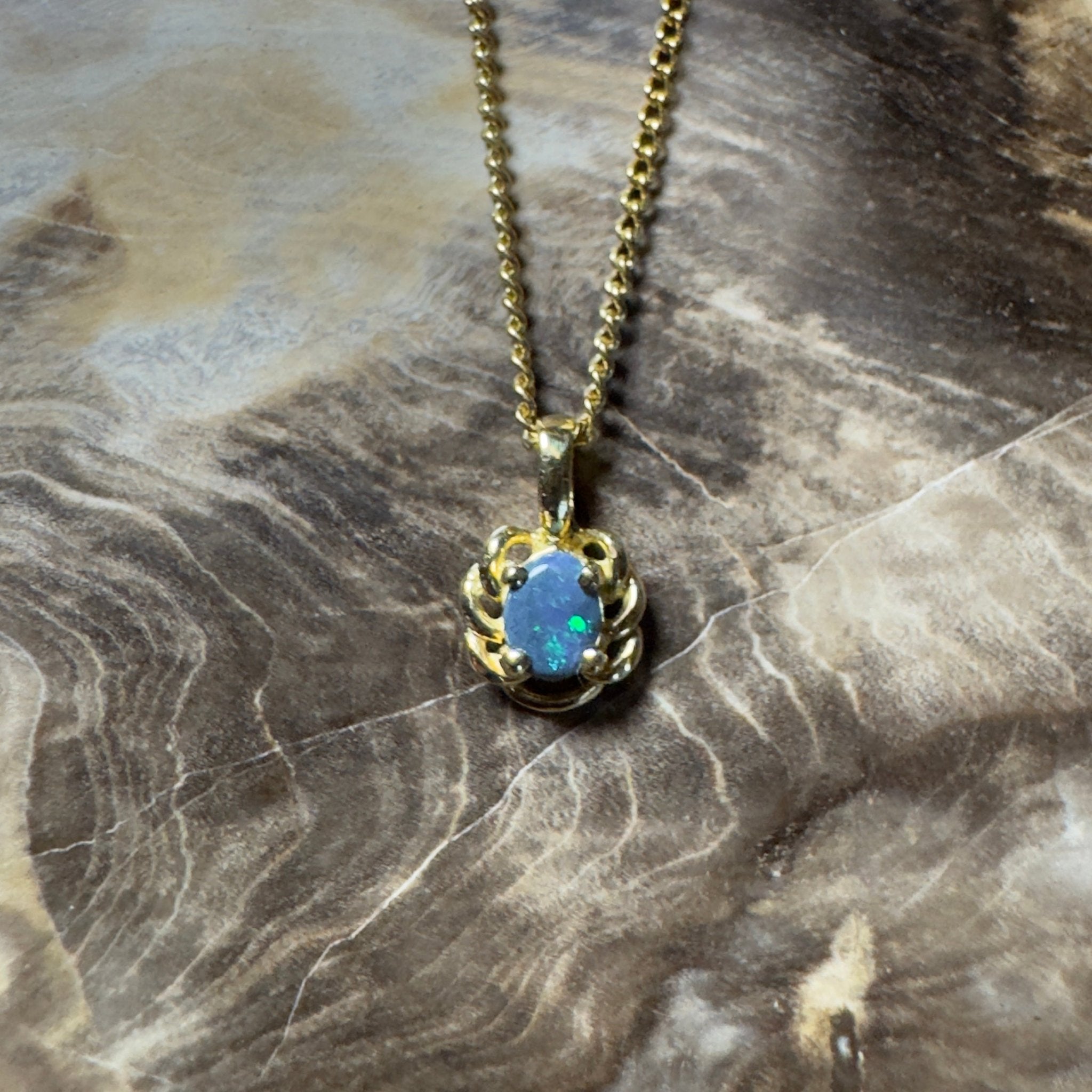 0.5ct Lightning Ridge Opal Pendant Necklace ~ 'Blue North Glimmer' | 18ct Yellow Gold | Solid Australian Opal