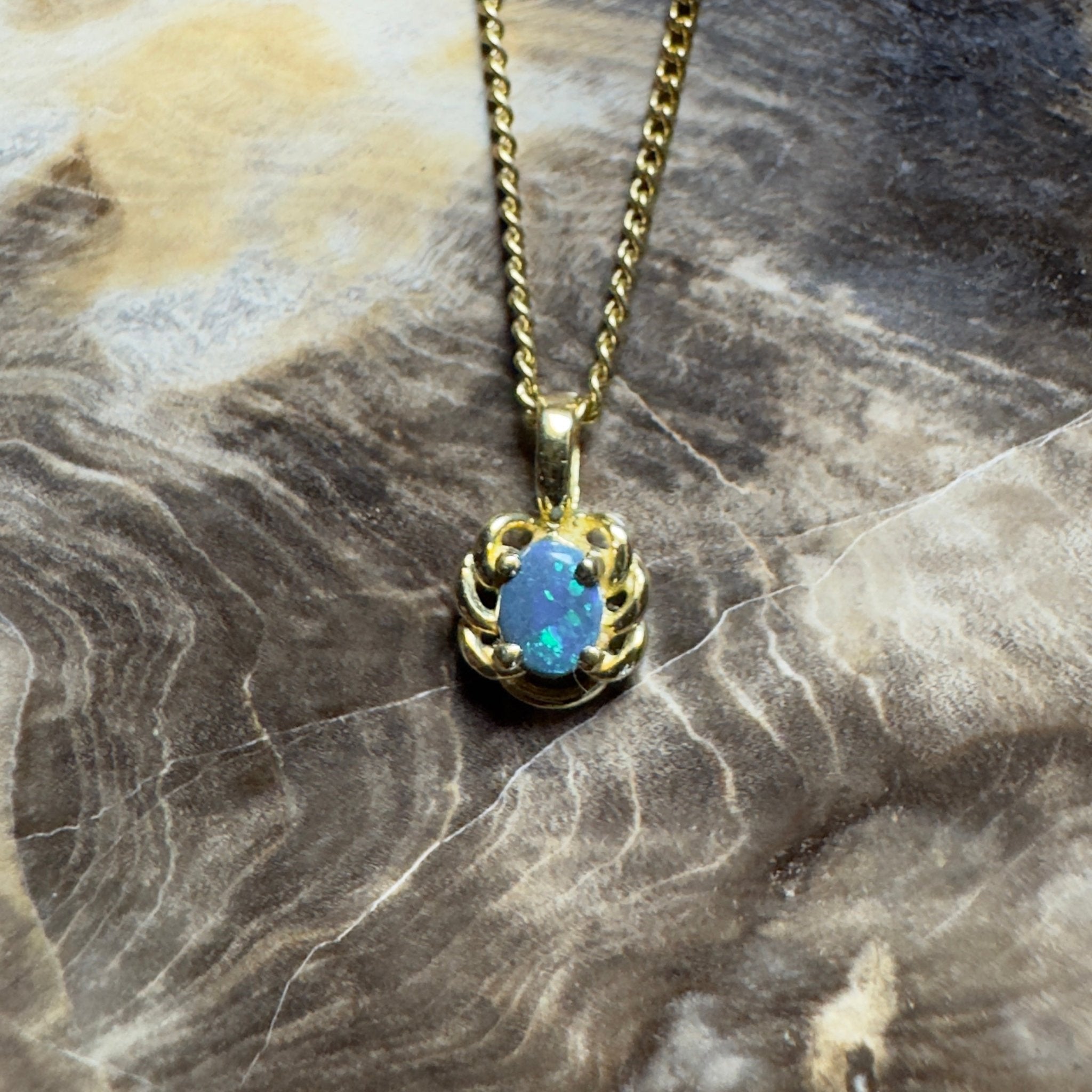 0.5ct Lightning Ridge Opal Pendant Necklace ~ 'Blue North Glimmer' | 18ct Yellow Gold | Solid Australian Opal