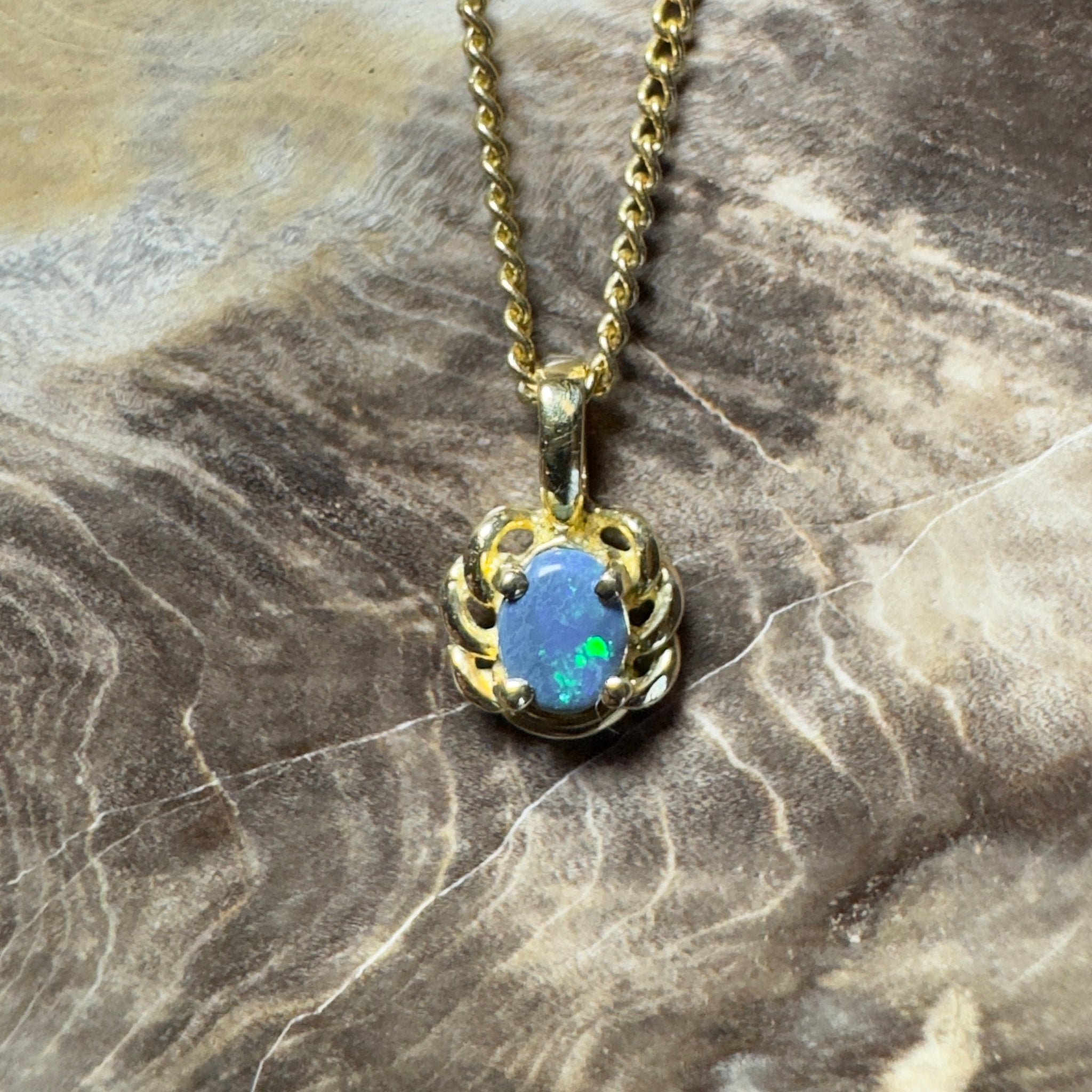 0.5ct Lightning Ridge Opal Pendant Necklace ~ 'Blue North Glimmer' | 18ct Yellow Gold | Solid Australian Opal