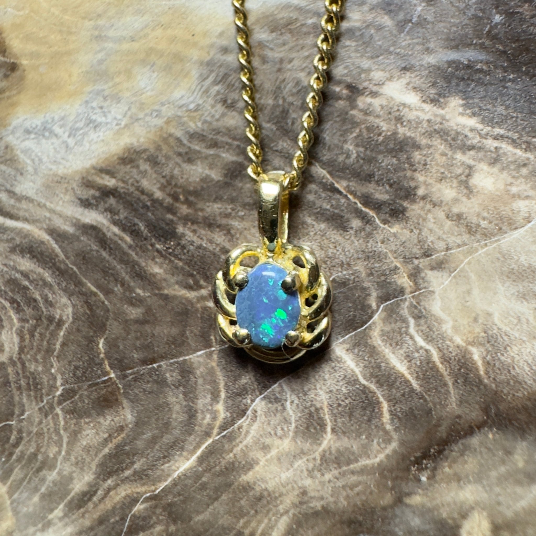 0.5ct Lightning Ridge Opal Pendant Necklace ~ 'Blue North Glimmer' | 18ct Yellow Gold | Solid Australian Opal