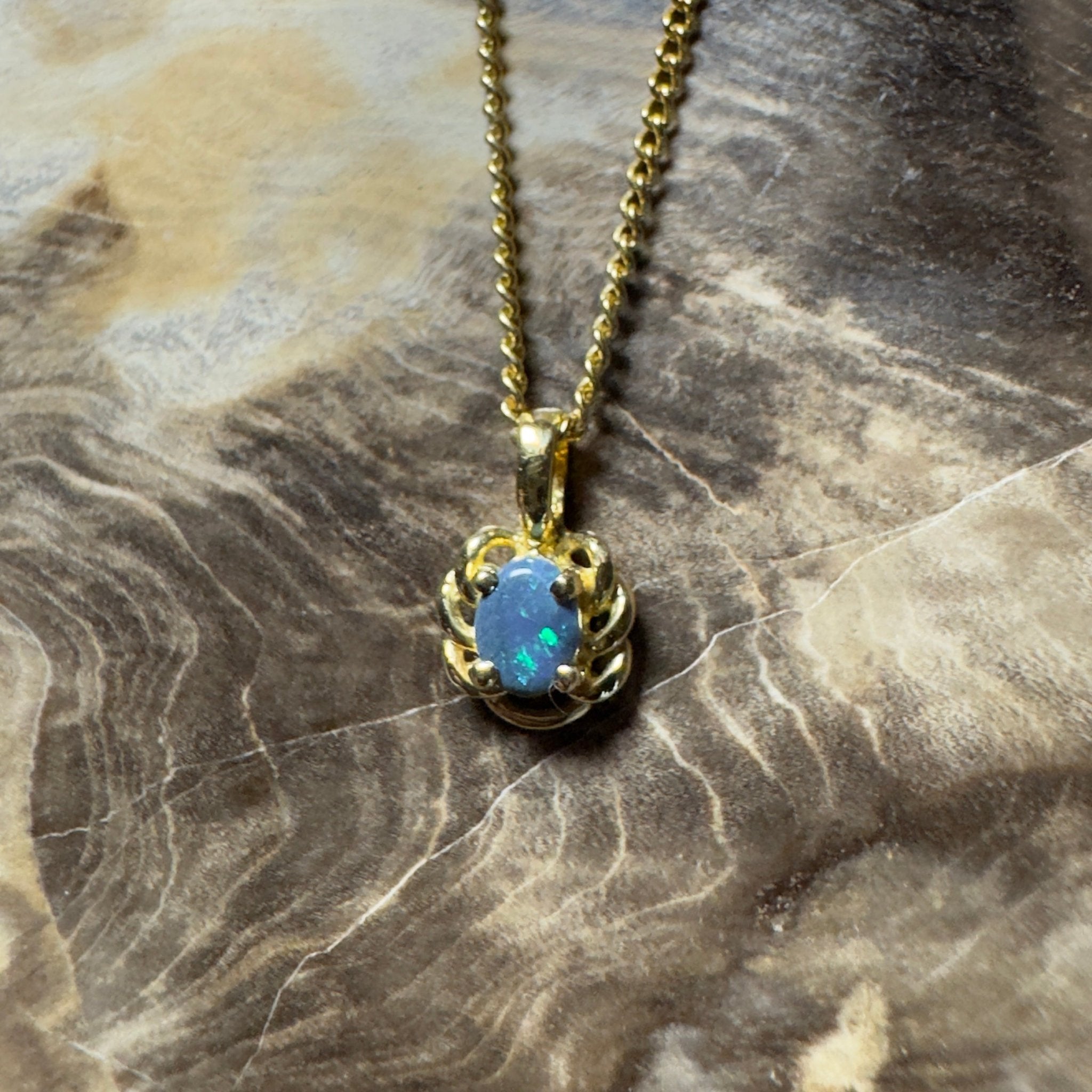 0.5ct Lightning Ridge Opal Pendant Necklace ~ 'Blue North Glimmer' | 18ct Yellow Gold | Solid Australian Opal