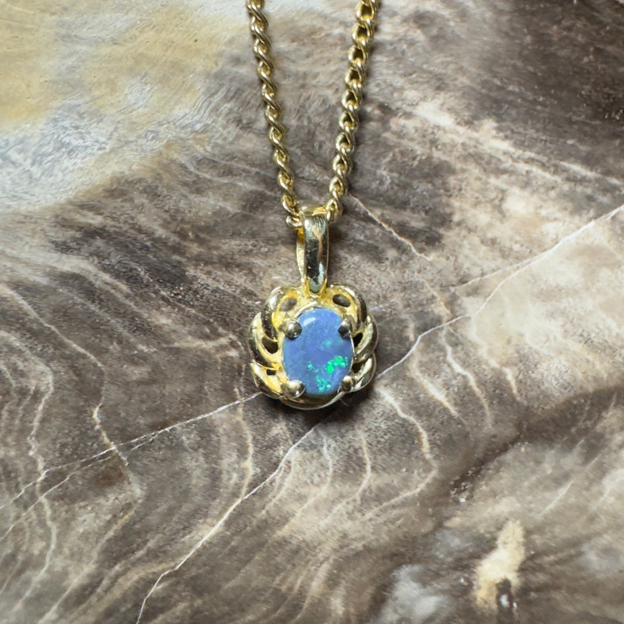 0.5ct Lightning Ridge Opal Pendant Necklace ~ 'Blue North Glimmer' | 18ct Yellow Gold | Solid Australian Opal
