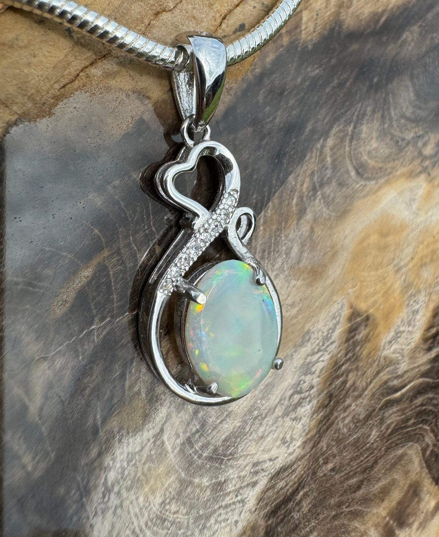 Handcrafted 1.0ct Solid Lightning Ridge Opal and Cubic Zirconia Sterling Silver Pendant Necklace - Iona Opal Australia