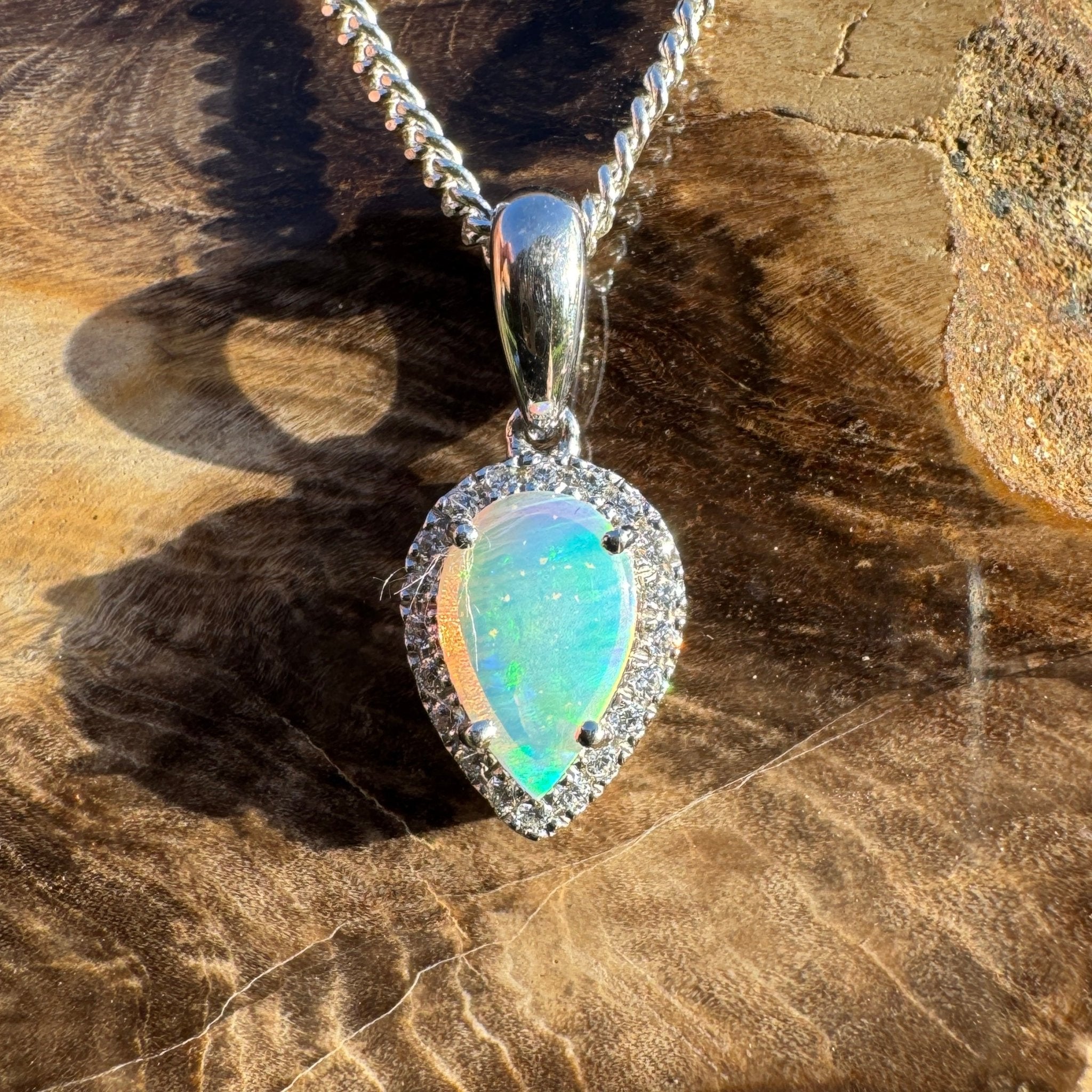 0.6ct Coober Pedy Crystal Opal Pendant Necklace ~ 'Turquoise Bay Halo' | 925 Sterling Silver | Solid Australian Opal