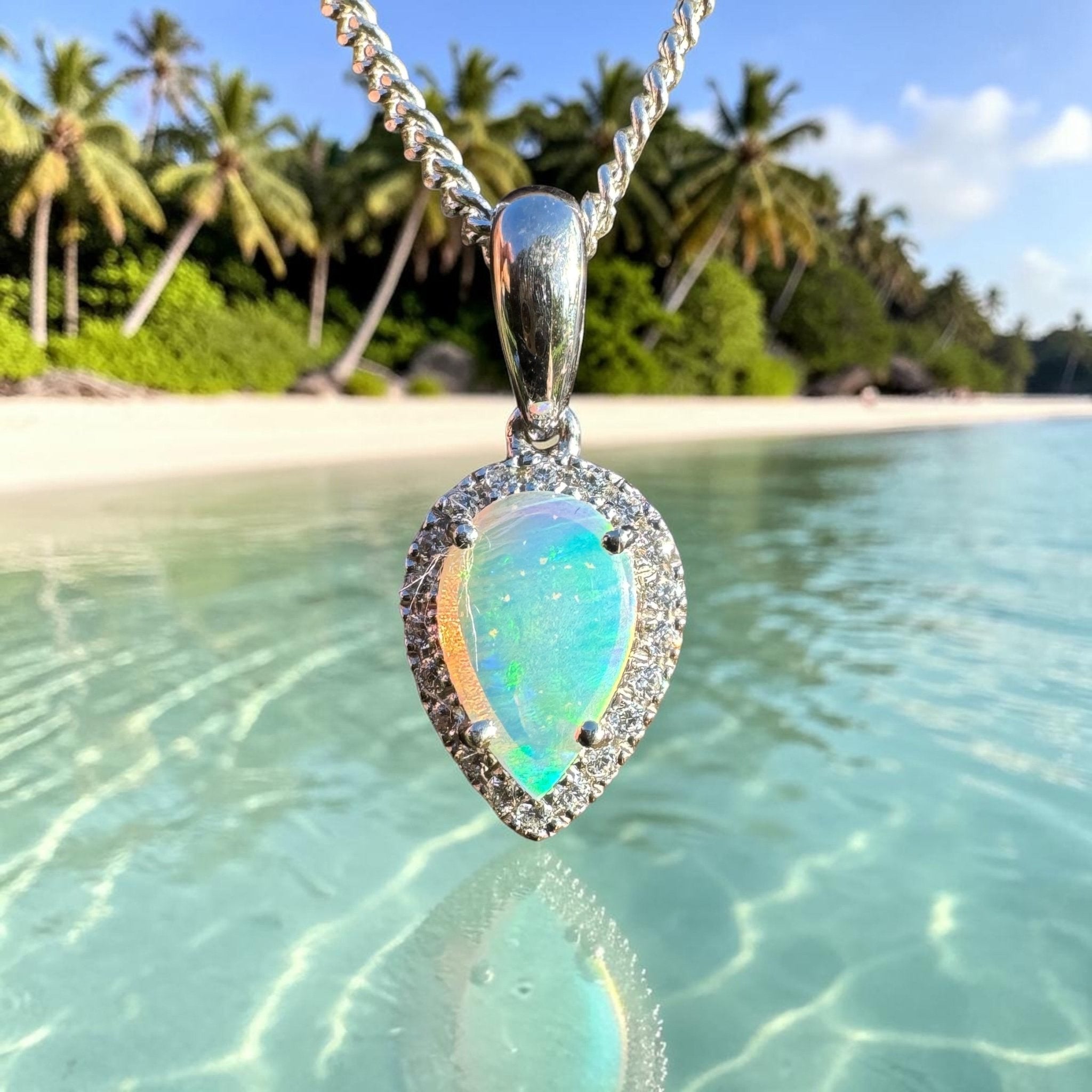0.6ct Coober Pedy Crystal Opal Pendant Necklace ~ 'Turquoise Bay Halo' | 925 Sterling Silver | Solid Australian Opal
