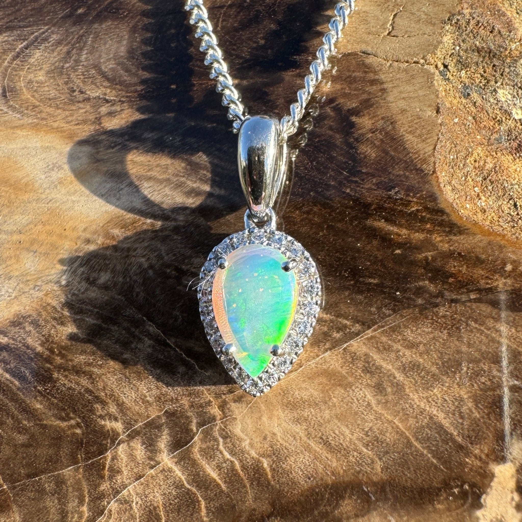 0.6ct Coober Pedy Crystal Opal Pendant Necklace ~ 'Turquoise Bay Halo' | 925 Sterling Silver | Solid Australian Opal