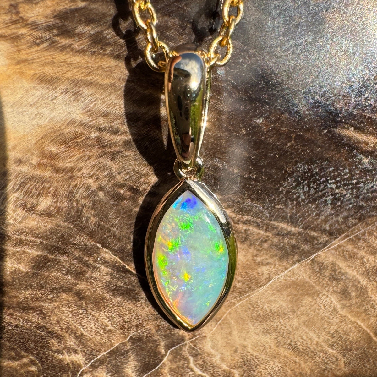 0.6ct Coober Pedy Crystal Opal Pendant Necklace ~ 'Windjana Gold' | 14ct Yellow Gold | Solid Australian Opal