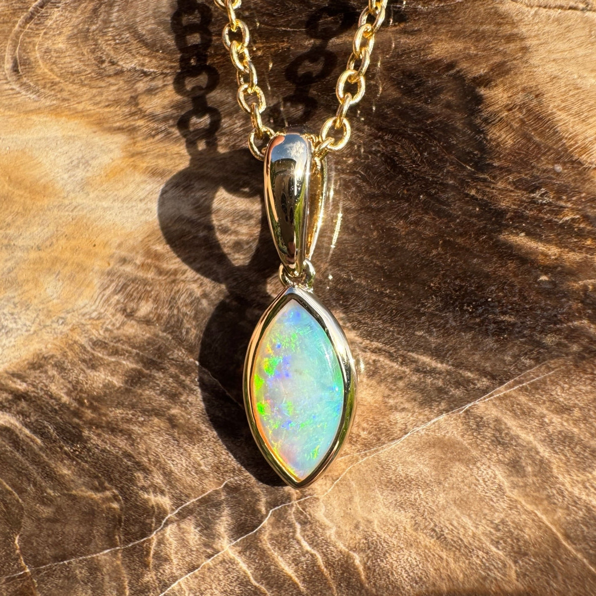 0.6ct Coober Pedy Crystal Opal Pendant Necklace ~ 'Windjana Gold' | 14ct Yellow Gold | Solid Australian Opal