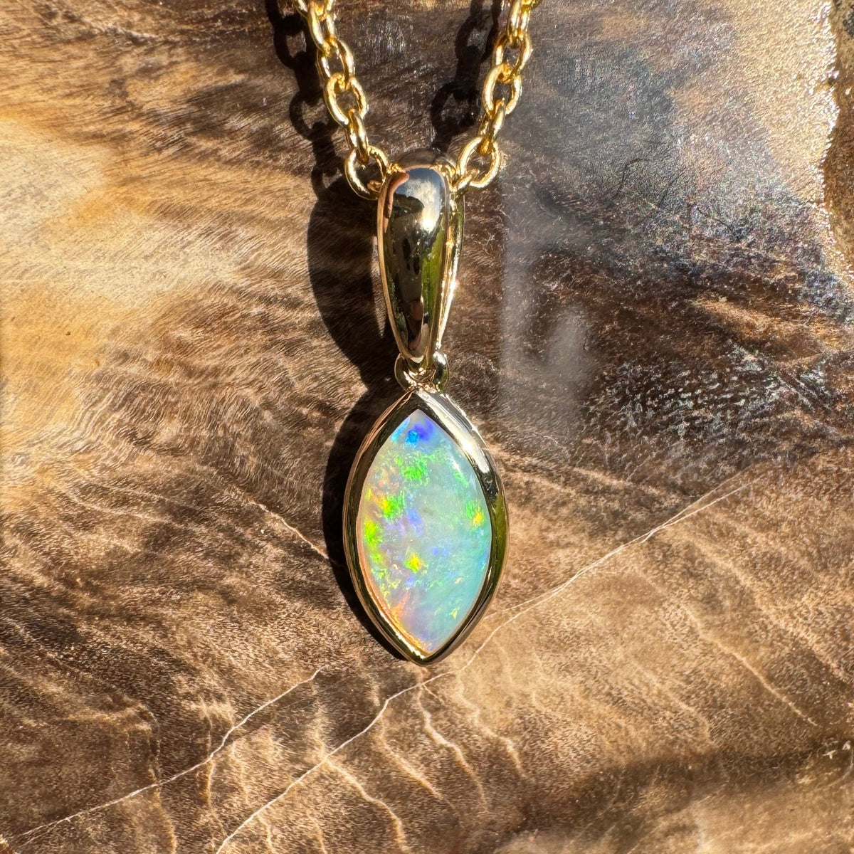 0.6ct Coober Pedy Crystal Opal Pendant Necklace ~ 'Windjana Gold' | 14ct Yellow Gold | Solid Australian Opal