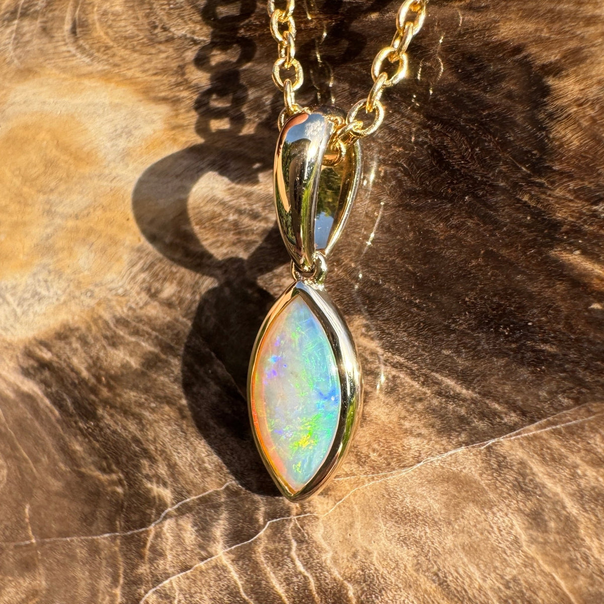 0.6ct Coober Pedy Crystal Opal Pendant Necklace ~ 'Windjana Gold' | 14ct Yellow Gold | Solid Australian Opal