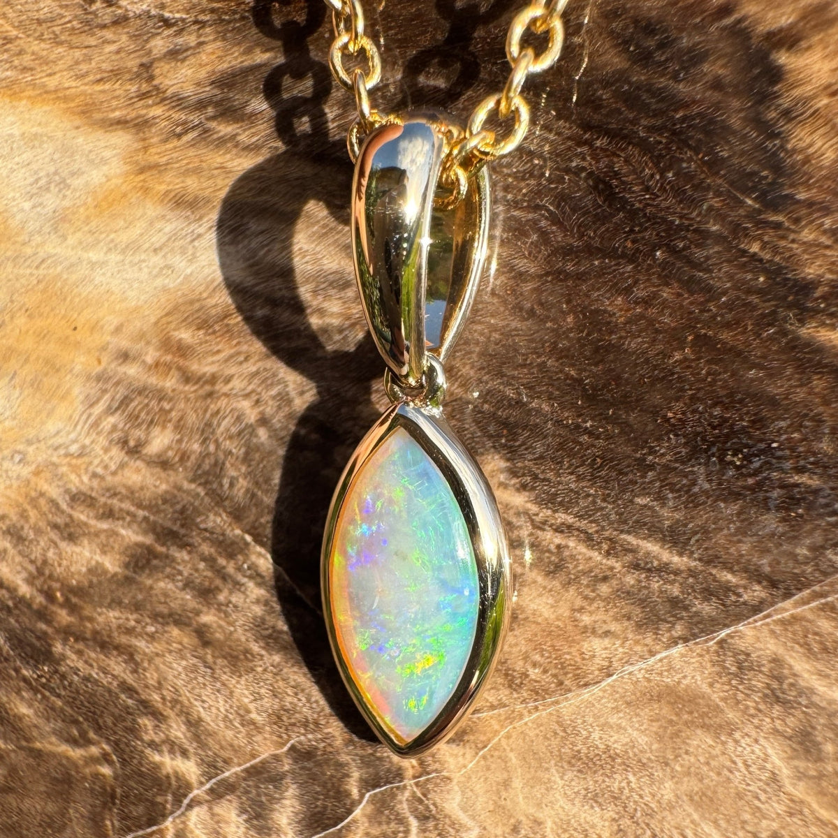 0.6ct Coober Pedy Crystal Opal Pendant Necklace ~ 'Windjana Gold' | 14ct Yellow Gold | Solid Australian Opal