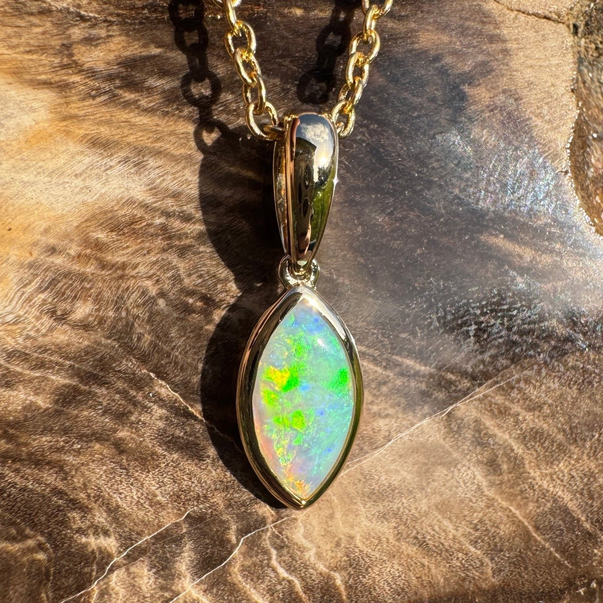 0.6ct Coober Pedy Crystal Opal Pendant Necklace ~ 'Windjana Gold' | 14ct Yellow Gold | Solid Australian Opal