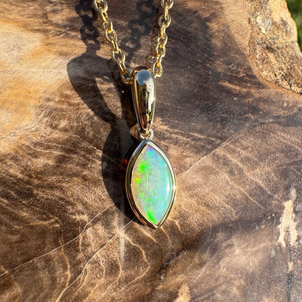 0.6ct Coober Pedy Crystal Opal Pendant Necklace ~ 'Windjana Gold' | 14ct Yellow Gold | Solid Australian Opal