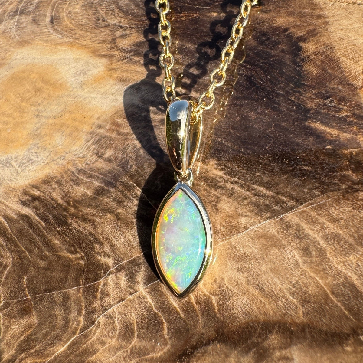 0.6ct Coober Pedy Crystal Opal Pendant Necklace ~ 'Windjana Gold' | 14ct Yellow Gold | Solid Australian Opal