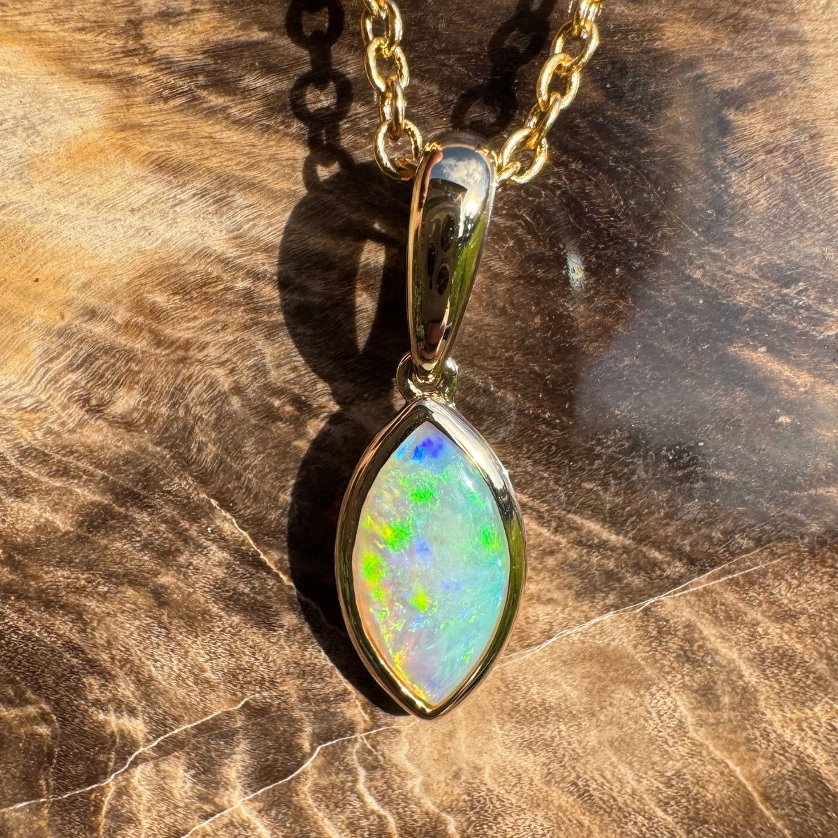 0.6ct Coober Pedy Crystal Opal Pendant Necklace ~ 'Windjana Gold' | 14ct Yellow Gold | Solid Australian Opal