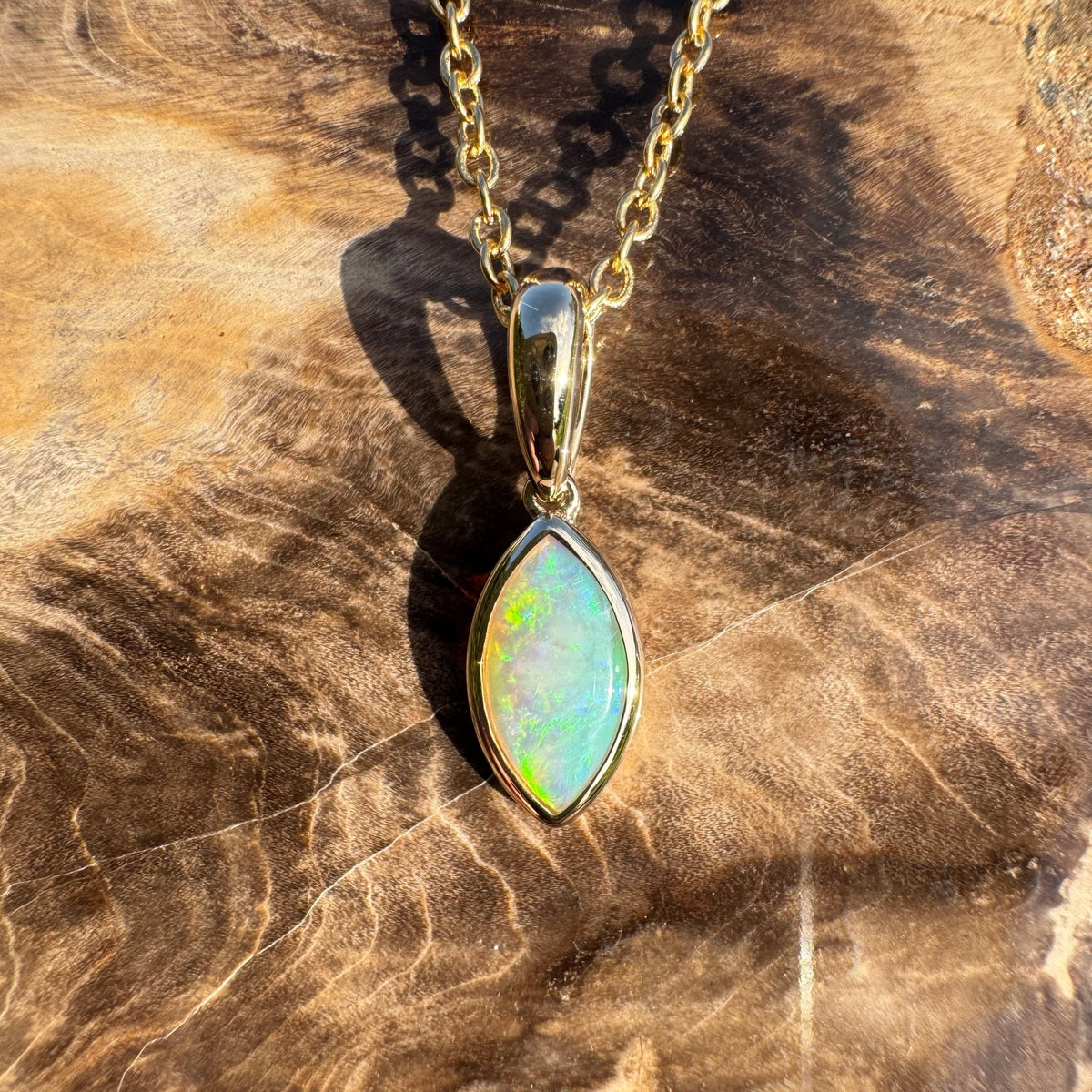 0.6ct Coober Pedy Crystal Opal Pendant Necklace ~ 'Windjana Gold' | 14ct Yellow Gold | Solid Australian Opal