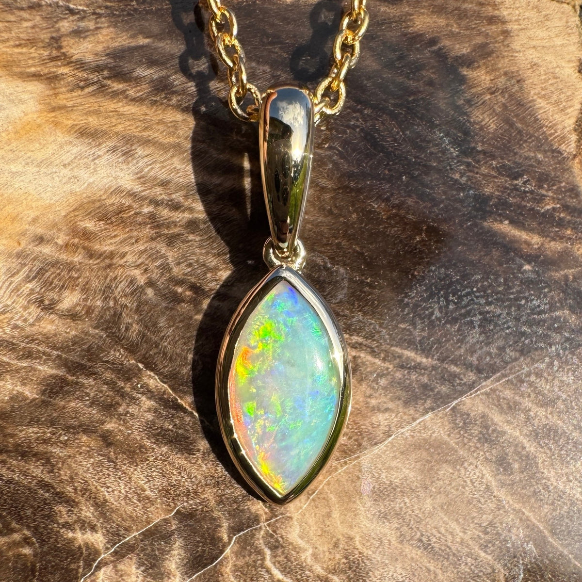 0.6ct Coober Pedy Crystal Opal Pendant Necklace ~ 'Windjana Gold' | 14ct Yellow Gold | Solid Australian Opal