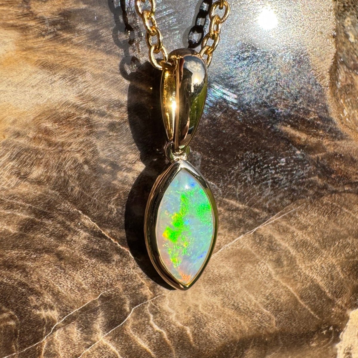 0.6ct Coober Pedy Crystal Opal Pendant Necklace ~ 'Windjana Gold' | 14ct Yellow Gold | Solid Australian Opal