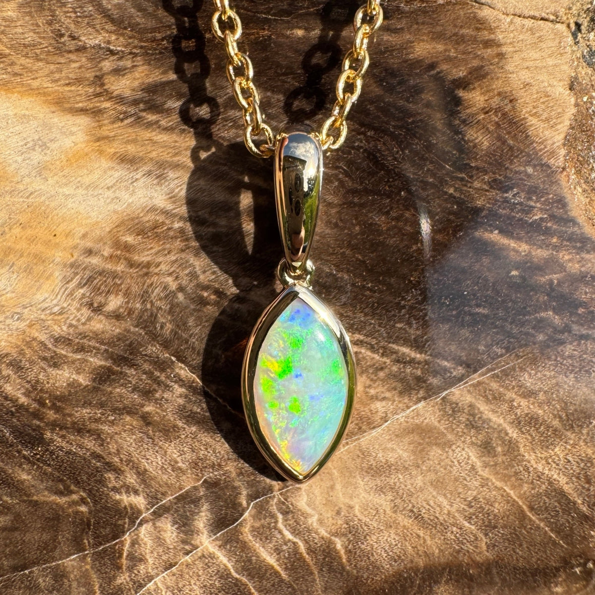 0.6ct Coober Pedy Crystal Opal Pendant Necklace ~ 'Windjana Gold' | 14ct Yellow Gold | Solid Australian Opal