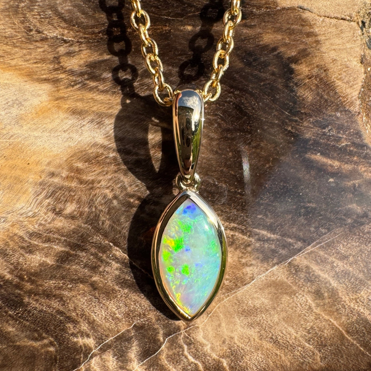 0.6ct Coober Pedy Crystal Opal Pendant Necklace ~ 'Windjana Gold' | 14ct Yellow Gold | Solid Australian Opal