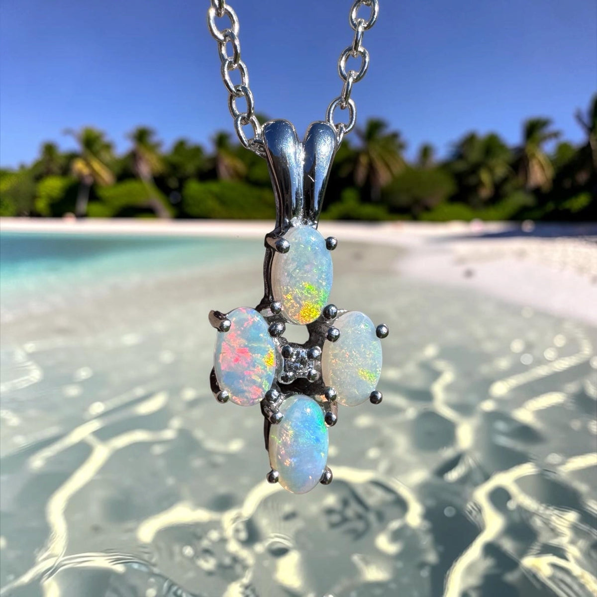 0.6ct Coober Pedy Opal & Diamond Cross Pendant Necklace ~ 'Coorong Cross' | 14ct White Gold | Solid Australian Opal