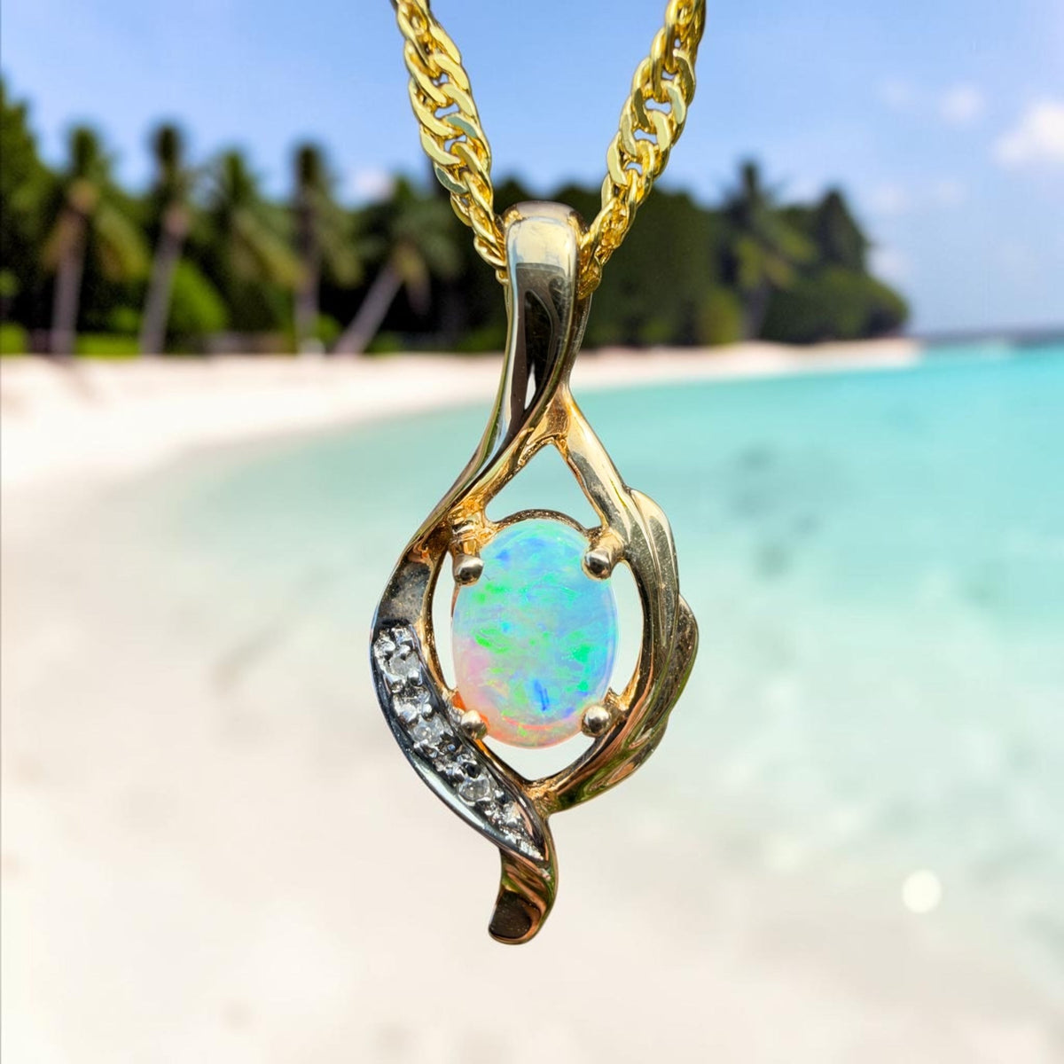 0.6ct Coober Pedy Opal & Diamond Pendant Necklace ~ 'Queenscliff Sparkle' | 14ct Yellow Gold | Solid Australian Opal