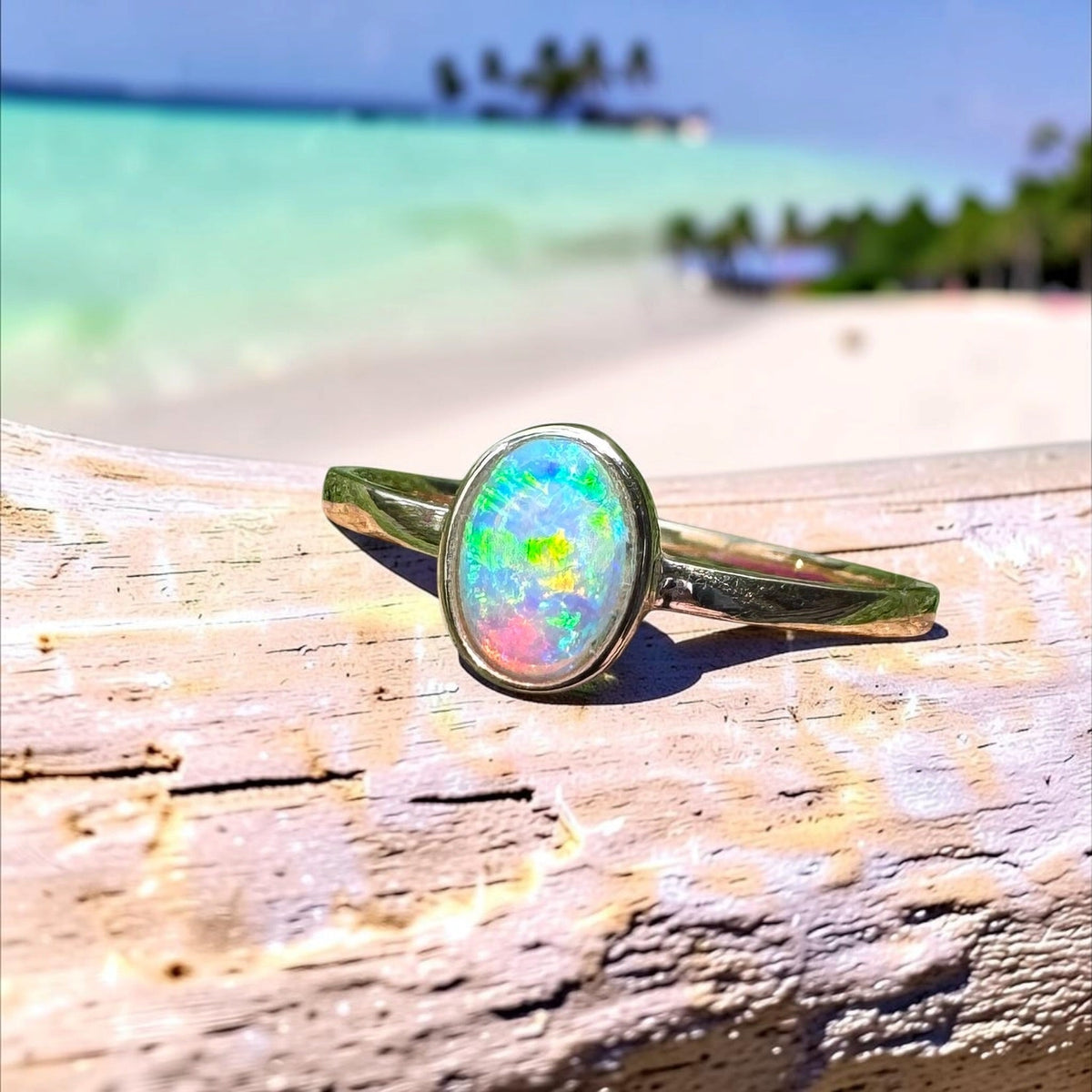 0.6ct Lightning Ridge Crystal Opal Ring ~ 'Wineglass Bay Lights' | 9ct Yellow Gold | Solid Australian Opal