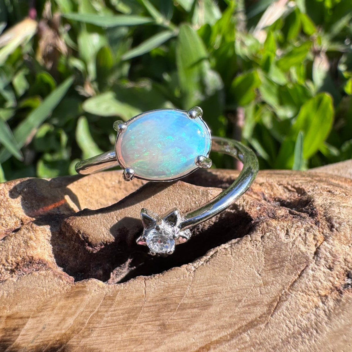 0.6ct Lightning Ridge Opal & Cubic Zirconia Ring ~ 'Wollombi Valley Blues' | 925 Sterling Silver | Solid Australian Opal