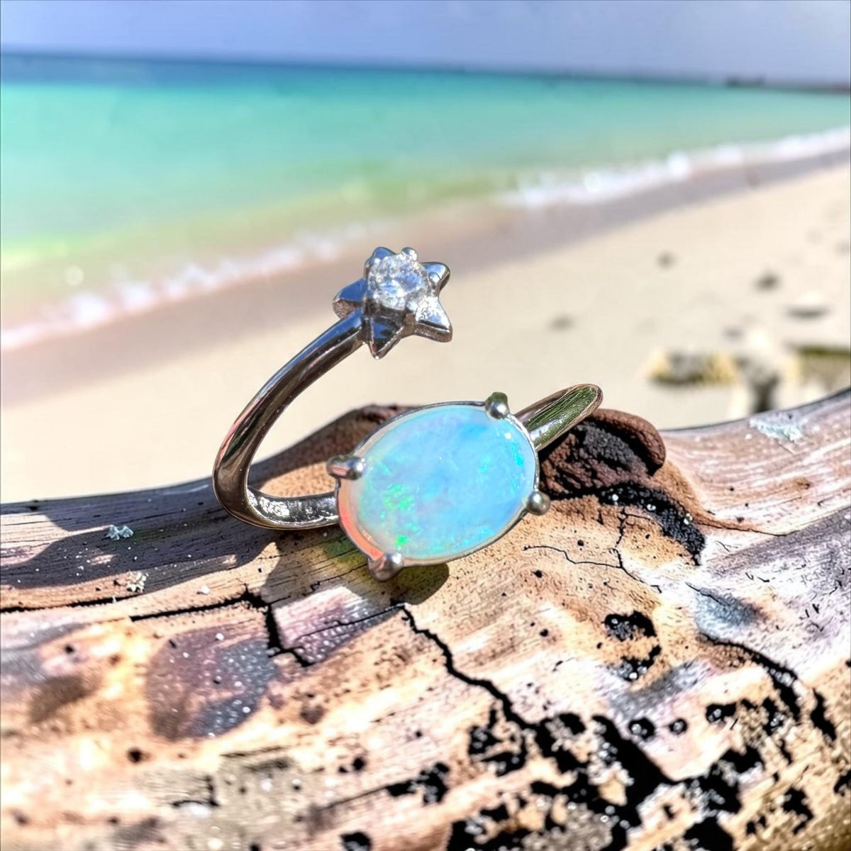 0.6ct Lightning Ridge Opal & Cubic Zirconia Ring ~ 'Wollombi Valley Blues' | 925 Sterling Silver | Solid Australian Opal