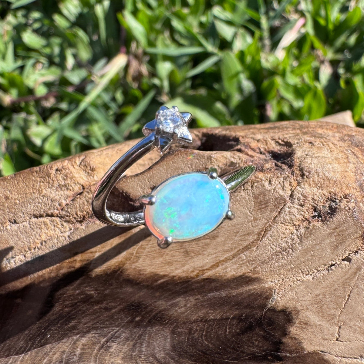 0.6ct Lightning Ridge Opal & Cubic Zirconia Ring ~ 'Wollombi Valley Blues' | 925 Sterling Silver | Solid Australian Opal
