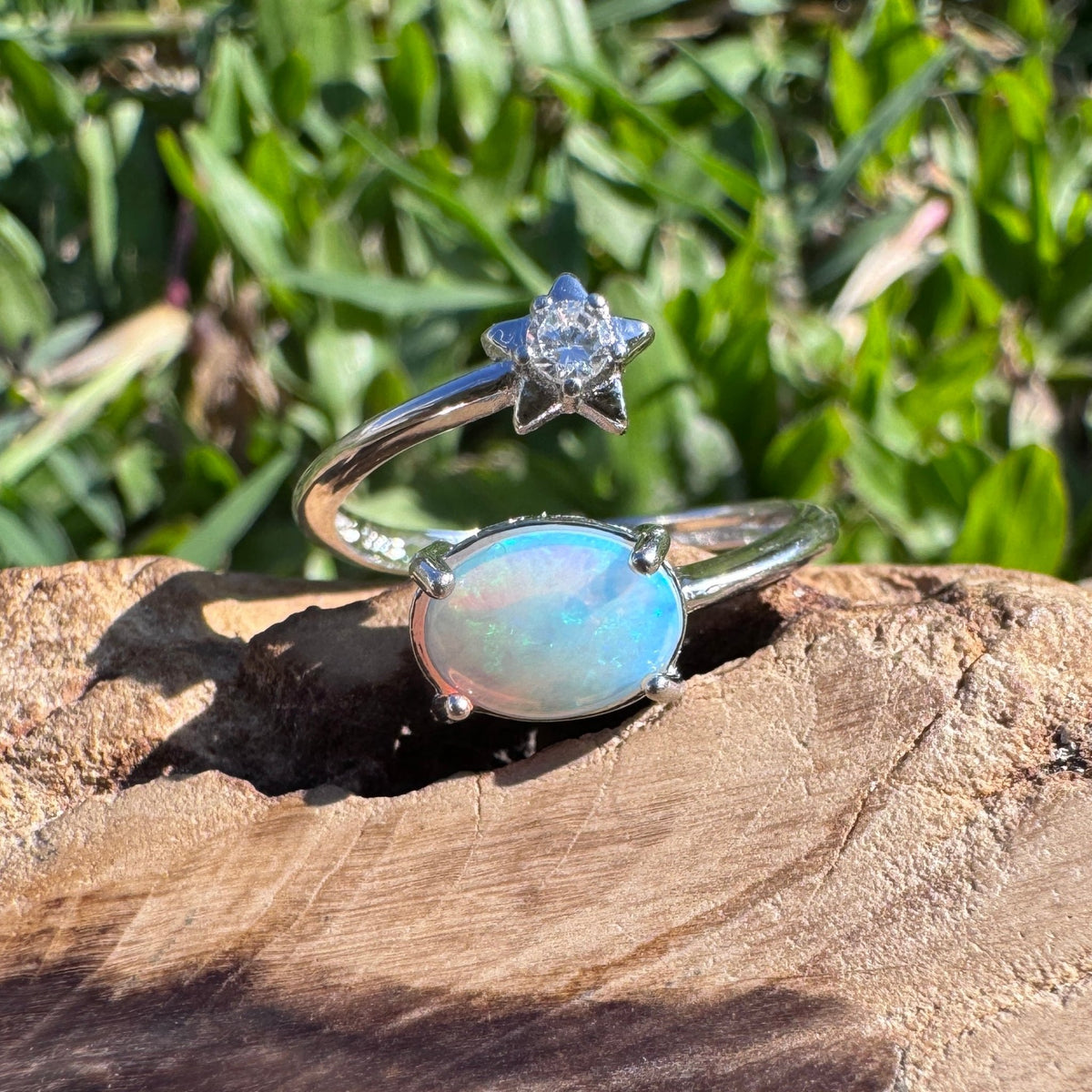 0.6ct Lightning Ridge Opal & Cubic Zirconia Ring ~ 'Wollombi Valley Blues' | 925 Sterling Silver | Solid Australian Opal