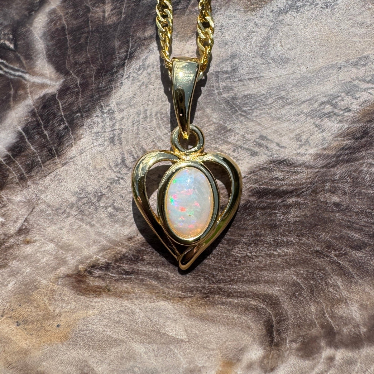 0.6ct Lightning Ridge Opal Heart Pendant Necklace ~ 'Barossa Heart' | Yellow Gold Coated 925 Sterling Silver | Solid Australian Opal