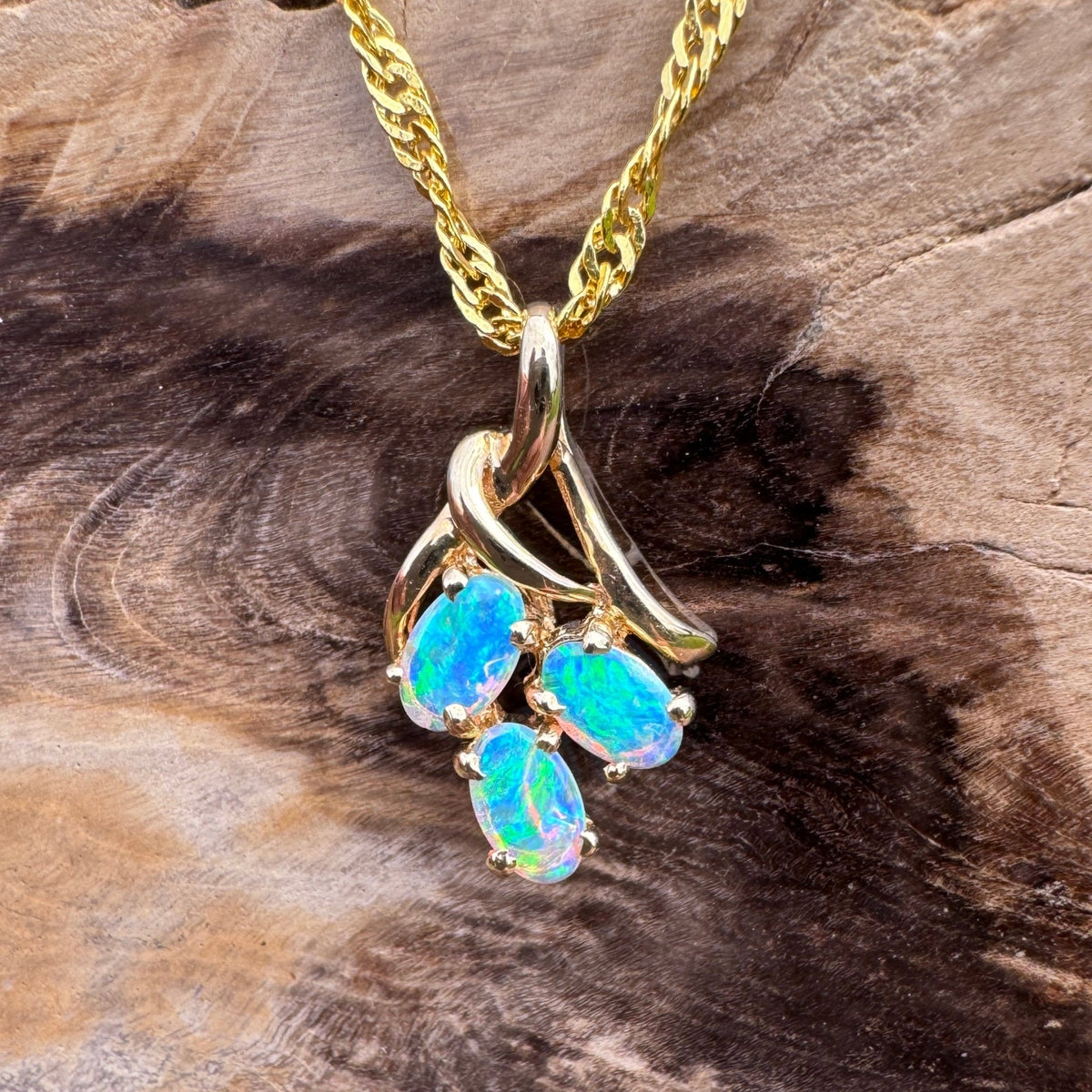 0.6ct Lightning Ridge Opal Pendant Necklace ~ 'Three Sisters Glow' | 14ct Yellow Gold | Solid Australian Opal