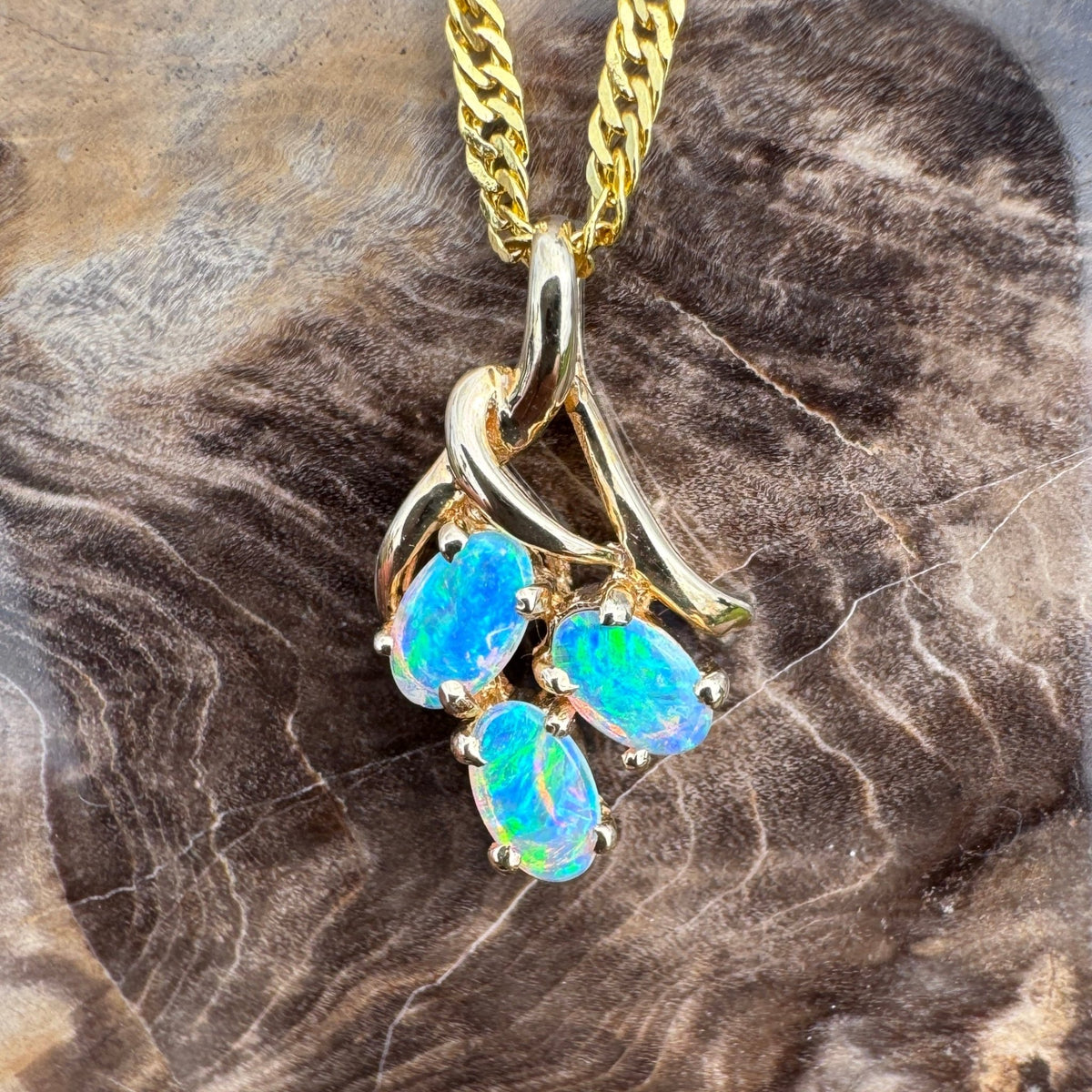 0.6ct Lightning Ridge Opal Pendant Necklace ~ 'Three Sisters Glow' | 14ct Yellow Gold | Solid Australian Opal